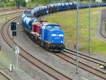 Die PRESS mit den V 100, 204 311-5 ( 9280 1202 311-7 D-PRESS )und 204 347-9 ( 9280 1202 347-1 D-PRESS ) mit Schüttgut- und Flachwagen auf dem Weg durch Gera am 28.8.2020