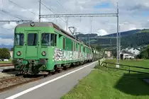 MAKIES AG Zell.
Der firmeneigene MAKIES-Pendelzug mit gleich drei BDe 4/4 Triebwagen bei Schachen am 31. August 2020.
Foto: Walter Ruetsch