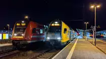 Vier auf einen Streich... Mit der RB43 nach Falkenberg (Elster), dem RE2 nach Rathenow, RB65 nach Zittau und RB46 nach Forst. Aufgenommen am 15.06.2020 in Cottbus. 