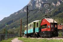 E I (Bo, Brand-Lhuillier/Brünn und Siemens-Schuckert/Wien, Baujahr 1903) fährt am 12.September 2020 als Zug 8 (Hirschwang - Payerbach) in den Bahnhof Reichenau ein.
