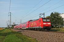 Nachschuss auf die Freiburger 146 114-4  Landkreis Emmendingen , als diese am Nachmittag des 28.08.2019 ihre RB (Basel Bad Bf - Offenburg) durch den Haltepunkt von Auggen durch in Richtung Müllheim (Baden) schob.