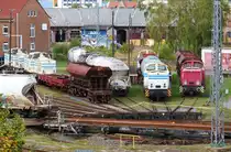 Blick zur Drehscheibe im ehemaligen BW Nordhausen mit abgestellten V60 und V100 der ITB 27.09.2020