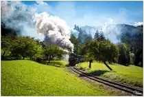Im Morgenlicht fährt die Sächsische IV K 99 568 (BJ 1910 Hartmann) und die U1 (Bj 1898 Krauss-Linz) auf der Ybbstalbahn Bergstrecke, von Kienberg-Gaming nach Lunz am See. Pfaffenschlag  27.09.2020