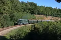 Am 27.09.2020 durfte noch einmal die 2050.05 der ÖGEG beim Reblausexpress einspringen, da die 2143.070 am Vortag eine Kollision mit einem PKW hatte, und nicht einsatzfähig war.
Hier im Bild hat der Zug bereits die Retzer Weinberge hinter sich gelassen und wird in Kürze Niederfladnitz erreichen.