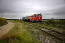 Im Zuge der Fotofahrt kehrte die 2143.070 alleine nach Groß Schweinbart zurück, während der 5042.14 den Abschnitt der Obersdorf befuhr. Hier fährt gerade die 2143.070 mit ihrem Sonderzug im zweigleisigen Abschnitt Richtuing Groß Schweinbarth.
Die Aufnahme könnte alt sein, wären nicht die beiden Windräder im Hintergrund und das üppige Unkraut im Gleis. (06.09.2020)