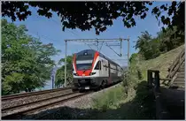 Von der Vegetation eingerahmt, und das Schloss Chillon verdeckend, fährt der SBB RABe 511 027 als RE kurz vor Villeneuve in Richtung St-Maurice.

8. Mai 2020