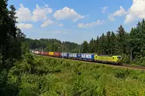 Am 01. August 2020 war der DGS 40565 von Padborg nach Verona Q.E. attraktiv beladen. Von der dänischen Grenze bis zum Zielbahnhof in Norditalien war die 193 553 für den CO2 freundlichen Transport zuständig. Im Waldstück bei Lorenzberg konnte ich den bunten KLV-Zug aufnehmen.