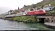 Re 460 004-5  Uetliberg  mit Schublok Re 460 096-1  Furttal  unterwegs am Plage de la Lisette in Saint-Saphorin (CH).

🧰 SBB
🚝 IR 1815 (IR 90) Genève-Aéroport (CH)–Brig (CH)
🚩 Bahnstrecke Vallorbe–Domodossola (Simplonstrecke | 100/200)
🕓 4.8.2020 | 11:02 Uhr