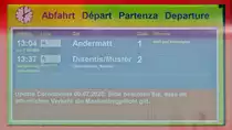  Verspätung unbestimmt  - diese Prognose an der Abfahrtstafel im Bahnhof Nätschen (CH) brachte meinen restlichen Tagesablauf und dementsprechend auch den Bahnbetrieb der Matterhorn-Gotthard-Bahn (MGB) durcheinander.
Nachdem mein Zug Richtung Disentis/Mustér bereits mit 15 Minuten Verspätung einfuhr, musste zunächst der Gegenzug nach Andermatt abgewartet werden, der jedoch auf der eingleisigen Strecke zwischen dem Oberalppass und Nätschen liegengeblieben war. Die Verspätung von +55 wurde im weiteren Verlauf immer weiter nach oben korrigiert.

🕓 5.8.2020 | 14:01 Uhr