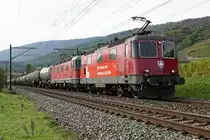Re 420 mit Werbeanstrich von SBB CARGO NATIONAL.
Re 420 345-1 und Re 6/6 11680  Möhlin  als Re 10 vor einem langen Kesselwagenzug bei Cressier am 9. Oktober 2020.
Foto: Walter Ruetsch