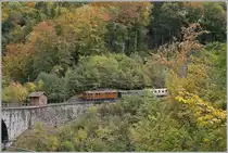 Fotografie - einfangen von Licht; zugegeben, dazu braucht man in der Eisenbahnfotografie die Ohren eigentlich nicht unbedingt, aber sie sind doch ein gutes Hilfsmittel und damit meine ich nicht, dass man das Ohr aufs Gleis legt um zu horchen ob der Zug kommt... 
Noch im Wald verborgen erfasste meine Ohren bereits, was ich dann erfreulicherweise zu sehnen bekam: die herrliche Bernina Bahn Ge 4/4 81 war im Anrollen und zeigte sich für ein Bild vor dem bunten Herbstwald bei Vers-Chez-Robert.

11. Okt. 2020