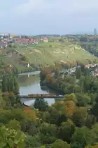 Von den Reben des Schnarrenbergs geht der Blick zum Bad Cannstatter Zuckerberg und auf die Aubrücke, auf der gerade ein Stadtbahnwagen der Baureihe DT8.10 in Richtung Stuttgart-Mühlhausen unterwegs ist. 🕓 12.10.2020 | 14:06 Uhr