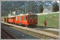Gem 4/4 801, ein ABe 4/4 I und ein Tm in Pontresina. (Archiv 06/83)