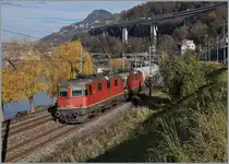 Die SBB Re 4/4 II 11332 (Re 420 332-0) und  Re 420 289-1 (ex Re 4/4 II 11289) sind mit einem Güterzug in Richtung Wallis kurz vor Villeneuve unterwegs und passieren ein paar wenige, noch mit mit bunten Blätter geschmückte Bäume am Ufer des Genfer Sees.

23. November 2020