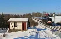 Am 27.01.17 fuhr noch der RE Ersatzverkehr (MRB). 182 530 zu sehen mit RE 26975 bei Jößnitz/V.
