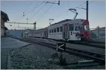 Bereits bei der Rückfahrt des Zugs als S 60 14955 hat sich der Nebel in Broc Village verzogen. Der Zug ist wie folgt formiert: (von hinten nach vorne) TPF Be 4/4 121, B 207, B209 und ABt 221. 

26. Nov. 2020