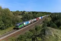 Bunt und komplett beladen zeigte sich am 13. September 2020 der DGS 41158 von Budapest Soroksar Terminal nach Rheinhausen. Bespannt war er vom ELL Vectron 193 238, der wie viele für die Wiener Lokalbahn fahrende Loks starke Gebrauchsspuren aufweist. Entstanden ist die Aufnahme an der inzwischen aufgrund starken Bewuchses kaum noch erkennbaren Stützmauer bei Laaber in der Oberpfalz.