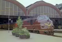 DSB København H: Am 25. Mai 1974 hält die dieselelektrische Lok MX 1001 (Nohab 1960) mit dem Lyntog (:  Blitzzug  = FD-Zug)  Østjyden  nach Ålborg im Kopenhagener Hauptbahnhof. - An diesem Tag fuhren die letzten von Loks gezogenen FD-Züge, ab dem folgenden Tag fuhren die ersten dänischen IC-Züge. - Scan eines Farbnegativs. Film: Alfochrome-Ringfoto (= Sakuracolor R-100?). Kamera: Kodak Retina Automatic II.  