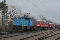 Am 10.12.2020 gehen die beiden BDe 4/4 mit den Betriebsummern 46 und 47 auf die letzte Reise. Um 12.20 Uhr kommt der Zug in Kaiseraugst an. Hier sehen wir den Zug kurz vor dem Bahnhof Kaiseraugst.