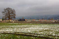 Mein letztes Bild auf österreichischem Boden von einem Lokbespannten EuroCity mit Schweizer Wagen. 421 371-6 zieht dem EC EuroCity 194 zwischen Lauterach und Hard. 11.12.20