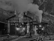 Die beiden Protagonisten 99 1594-3 & 99 542 des Fototages  Dampfzugbetrieb anno 1970  warten vor dem Lokschuppen am Bahnhof Jöhstadt. (September 2020)
