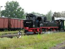 Der Personenzug mit 99 1574 f�hrt bei bestem Wetter in M�geln ein, 28.07.07