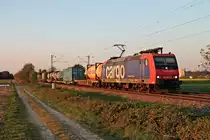 Mit einem Containerzug nach Italien fuhr am Abend des 23.04.2020 die Re 482 032-0 im letzten Sonnenlicht des Tages südlich von Buggingen über die Rheintalbahn durchs Markgräflerland in Richtung Müllheim (Baden).