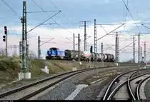 Kurzer Kesselzug mit 275 014-9 (Lok 211 | Vossloh G 1206) fährt in Halle (Saale), Karl-von-Thielen-Straße, auf der Ostumfahrung für den Güterverkehr in nördlicher Richtung.
Aufgenommen vom offenen Bahnübergang (Bü) Karl-von-Thielen-Straße.

🧰 InfraLeuna GmbH
🕓 13.11.2020 | 16:26 Uhr