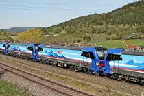 Portrait von Südleasing/SBBCI 193 529  Neckar , als diese am Nachmittag des 24.04.2020 zusammen mit 193 531  Reuss , 193 530  Po  und 193 528  Mosel  als Lokzug (Regensburg Hbf - Basel SBB RB) beim Haltepunkt Saline über die Gäubahn in Richtung Tuttlingen fuhr.