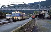 Im August 1982 treffen sich im Bahnhof Bregenz 4030.321, 4030.316 und 2095.07 der Bregenzerwaldbahn, die damals noch bis Kennelbach verkehrte. Da sich der Bahnhof heute völlig verändert präsentiert, habe ich darauf verzichtet, die Geoposition anzugeben.