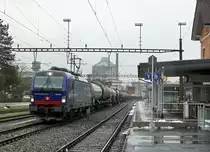 Sirupzug Aarberg-Anklam vom 14. Januar 2021, bespannt mit der Vectron 193 534, im Bahnhof Aarberg vor der Kulisse der Zuckerfabrik zur Abfahrt bereit.
Fotostandort Bahnübergang, Bildausschnitt Fotoshop.
Foto: Walter Ruetsch
 