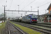 Sirupzug Aarberg-Anklam vom 14. Januar 2021, bespannt mit der Vectron 193 534, im Bahnhof Aarberg zur Abfahrt bereit.
Fotostandort Bahnübergang, Bildausschnitt Fotoshop.
Foto: Walter Ruetsch
 