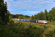 Am 08. Oktober 2020 brachten die 185 666 und die 189 924 den Intercombi KLV südwärts. Bei Lorenzenberg in Oberbayern konnte ich die Leistung im herbstlich gefärbten Waldstück fotografieren.