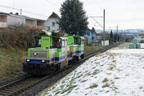 BLS Baudiensttraktorenzug mit den Tm 235 092 und Tm 235 095 auf voller Fahrt bei Biberist am 20. Januar 2021.
Foto: Walter Ruetsch 