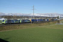 BLS CARGO INTERNATIONAL mit Re 485 20 und Re 485 014 bei Herzogenbuchsee am 24. Januar 2021.
Foto: Walter Ruetsch