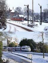 Diesen Einst&Jetzt-Vergleich im Bahnhof Neanderthal wollte ich schon längst machen, es fehlte nur das passende Wetter: Oben mit einem 515 auf dem Weg von Mettmann nach Düsseldorf an einem Wintertag Mitte der 1980er Jahre, darunter mit dem aus der Gegenrichtung einfahrenden Regiobahn-VT 114 (11.02.2021). Das imposante Bahnhofsgebäude wurde damals wie heute privat genutzt, Formsignale und Telegrafenmasten sind verschwunden.