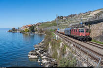 SBB Cargo Re 4/4 II 11278  Cham  mit WLV-Zug Lausanne-Triage - St-Maurice am 8. April 2021 bei St-Saphorin.