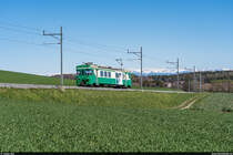 Nachdem er zwei Getreidewagen von Bussy-Chardonnay nach Morges gebracht hat, fährt der MBC Be 4/4 14 am 8. April 2021 solo zurück nach Bière ins Depot. Aufgenommen bei Ballens.