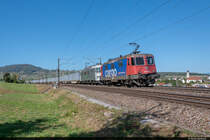 [Archiv] Am 19.09.2021 sind IRSI Re 421 387-2 und Rail Adventure Re 620 003-4 unterwegs mit einem leeren Zuckerrübenzug in Richtung Norden. Vermutlich wurden die Wagen auf Islikon überführt.