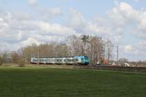 Unmittelbar an der Sonnenlicht Einfall Grenze ist hier die Eurobahn nach Bielefeld am 15.4.2021 um 12.03 Uhr kurz vor Westerhausen unterwegs.