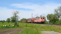 Railpool 151 155 (ex DB), vermietet an DB Cargo, mit gemischtem Güterzug in Richtung Osnabrück (Hüde, 01.06.2021).