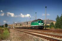 V300 005 f�hrt mit dem Leerzug 66235 am Morgen des 04.08.07 aus dem Bf Schmirchau aus. Im Hintergrund sieht man die bereits abgetragenen Reuster Kegelhalden. Ganz links im Bild der Regioshuttle der City-Bahn-Chemnitz, mit dem an diesem Tag die Eisenbahnfreunde der IG 58 3047 Glauchau auf der Wismutstrecke unterwegs waren. Dies war auch der Grund, warum an diesem Samstag �berhaupt gefahren wurde.