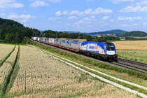 Erst seit wenigen Tagen trug die 1116.159 ihre neue Folierung, mit der sie für die österreichische Sparda Bank wirbt, als ich sie am 21. Juli 2021 kurz vor Parsberg mit dem DGS 41129 von Neuss nach Budapest Soroksar Terminal aufnehmen konnte. 