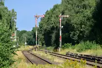 Blick auf die Ausfahrsignale in Dannenberg Ost.
Planmäßig wird nur das erste Gleis noch befahren. Im Rücken befinden sich einige Rangiergleise für die Castor Transporte.

Dannenberg 31.07.2021