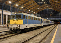 In der neu restaurierten Haupthalle des budapester Nyugati pályaudvar lassen sich durch die neue Beleuchtung herrovragend Bilder auch zu späterer Stunde machen.
Hier zu sehen die V43 431 229 bei der Ankunft des IC 733 Pusztaszer aus Szeged welcher am Abend des 15. September pünktlich auf Bahnsteig 12 einfuhr.