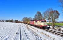 111 057 + 111 216 mit einem Holzzug am 10.12.2021 bei Langenisarhofen.