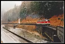 Der Twimberger Graben ist eine Engstelle des Lavanttales in dem nur der Fluß, die Bundesstraße und die Bahntrasse Platz finden. Am 16.03.2000 fahren 2043 012 + 2043 011 mit einem schweren Güterzug durch diese Engstelle Richtung Norden.