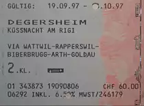 Fahrkarte von 1997 zwischen Degersheim (damals noch -bis 2000- Bodensee-Toggenburg-Bahn BT) und Küssnacht am Rigi (ab wo zum 150 Jahr Jubiläum der Schweizer Bahnen Dampfzüge nach Luzern fuhren). Dies ging als durchgehende Fahrt mit dem Voralpenexpress. Der Preis für die Fahrkarte betrug auch damals schon 60 Franken.

1997-09-19