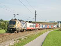 Nicht gerade �ppig beladen war
dieser Rola am 18.08.2007.
Der mit der 1116 250 bespannte
Lastwagenzug passierte kurz nach 18 Uhr
diese Fotostelle nahe Wartberg/Kr. 