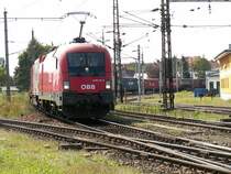 1116 110 schl�ngelt sich mit einem G�terzug den Passauer Ast hinab und wird gleich den Welser Hbf erreichen (18.8.2007)